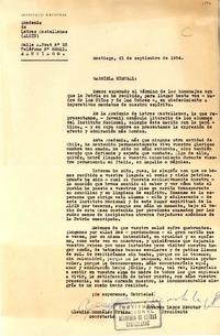 [Carta] 1954 sept. 21, Santiago [a] Gabriela Mistral