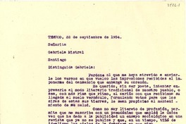 [Carta] 1954 sept. 22, Temuco [a] Gabriela Mistral, Santiago