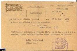 [Telegrama] 1954 sept. 23, Santiago [a] Gabriela Mistral, Santiago
