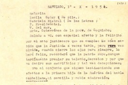 [Carta] 1954 oct. 1, Santiago [a] Gabriela Mistral, Viña del Mar