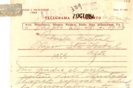 [Telegrama] 1954 oct. 7, Valparaíso [a] Gabriela Mistral