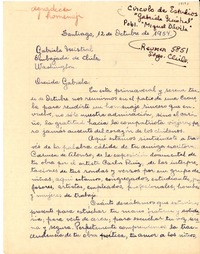 [Carta] 1954 oct. 12, Santiago [a] Gabriela Mistral, Washington