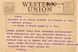 [Telegrama] 1955 feb. 25, La Serena [a] Gabriela Mistral, Nueva York, EE.UU