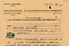 [Telegrama] 1954 sept., Santiago [a] Germán Becker, Santiago
