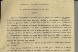 Conferencia de Gabriela Mistral : El sentido religioso de la vida