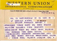 [Telegrama] 1956 nov. 15, Santiago [a] Gabriela Mistral, Nueva York