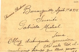 [Carta] 1938 ago. 1, Barranquilla, Colombia [a] Gabriela Mistral, Lima, [Perú]