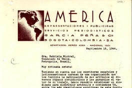[Carta] 1944 sept. 15, Bogotá, Colombia [a] Gabriela Mistral, Consulado de Chile, Petrópolis, Brasil