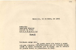[Carta] 1945 nov. 16, Medellín, Colombia [a] Gabriela Mistral, Petrópolis, Brasil