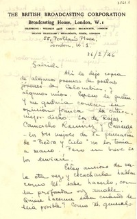 [Carta] 1946 feb. 26, Portland Place, London, [England] [a] Gabriela Mistral, Claridges Hotel, Brook St., London, [England]