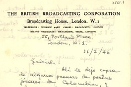 [Carta] 1946 feb. 26, Portland Place, London, [England] [a] Gabriela Mistral, Claridges Hotel, Brook St., London, [England]