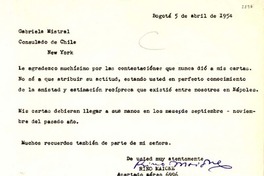 [Carta] 1954 abr. 5, Bogotá, Colombia [a] Gabriela Mistral, Consulado de Chile, New York, [Estados Unidos]