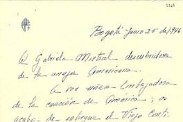 [Carta] 1946 jun. 25, Bogotá, [Colombia] [a] Gabriela Mistral