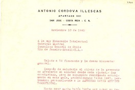 [Carta] 1945 nov. 10, San José, Costa Rica, C. A. [a] Gabriela Mistral, Consulado General de Chile, Río de Janeiro, Brazil