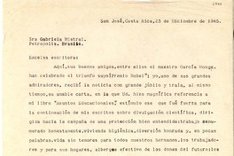 [Carta] 1945 dic. 23, San José, Costa Rica [a] Gabriela Mistral, Petrópolis, Brasil