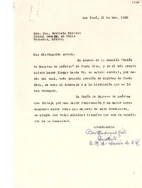 [Carta] 1950 nov. 21, San José, [Costa Rica] [a] Gabriela Mistral, Cónsul General de Chile, Veracruz, México