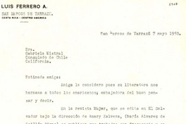[Carta] 1950 mayo 7, San Marcos de Tarrazú, [Costa Rica] [a] Gabriela Mistral, Consulado de Chile, California, [Estados Unidos]
