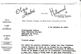 [Carta] 1949 oct. 3, Los Ágeles, California [a] Gabriela Mistral, México D.F.