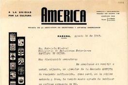 [Carta] 1945 ago. 14, Habana, Cuba [a] Gabriela Mistral, Ministerio de Relaciones Exteriores, Santiago, Chile