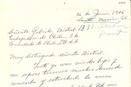 [Carta] 1946 jun. 26, Santa Mónica, Cal., [EE.UU.] [a] Gabriela Mistral, Consulado de Chile, EE.UU.