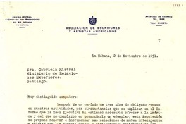 [Carta] 1951 nov. 2, La Habana, [Cuba] [a] Gabriela Mistral, Ministerio de Relaciones Exteriores, Santiago, [Chile]