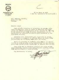 [Carta] 1953 ene. 27, La Habana, [Cuba] [a] Gabriela Mistral, Vedado, [Cuba]