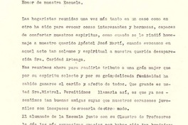 Palabras de bienvenida a la Sra. Gabriela Mistral invitada de Honor a nuestra Escuela