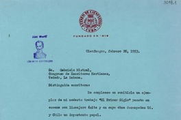 [Carta] 1953 feb. 20, Cienfuegos, Cuba [a] Gabriela Mistral, La Habana