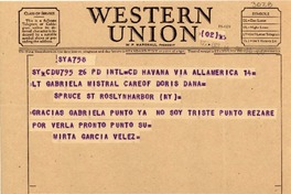 [Telegrama] 1953 oct. 14, La Habana [a] Gabriela Mistral, Roslyn Harbor