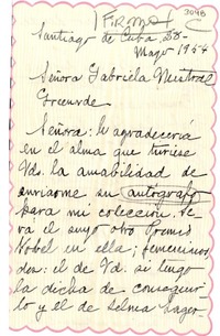 [Carta] 1954 mayo 28, Santiago de Cuba, [Cuba] [a] Gabriela Mistral, Greenude