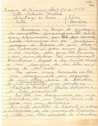 [Carta] 1954 abr. 20, Sagua de Tánamo, [Cuba] [a] Gabriela Mistral, Santiago de Cuba