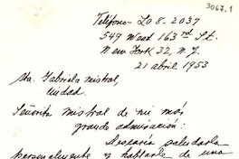 [Carta] 1953 abr. 21, New York, [EE.UU.] [a] Gabriela Mistral