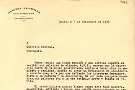 [Carta] 1938 sept. 6, Quito, Ecuador [a] Gabriela Mistral, Guayaquil