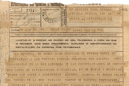 [Telegrama] 1945 nov. 16, [Brasil] [a] Gabriela Mistral, Petrópolis, RJ, [Brasil]