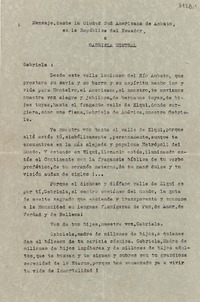 [Discurso] Mensaje, desde la Ciudad Sud Americana de Ambato, en la República del Ecuador, a Gabriela Mistral