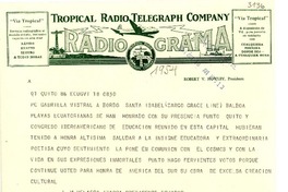 [Telegrama] 1954 oct. 18, Quito, Ecuador [a] Gabriela Mistral, a bordo del Santa Isabel