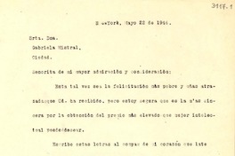 [Carta] 1946 mayo. 22, New York [a] Gabriela Mistral, New York