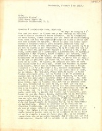 [Carta] 1947 feb. 8, Guatemala [a] Gabriela Mistral, Monrovia, California, Estados Unidos