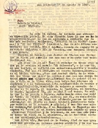 [Carta] 1947 ago. 17, San Salvador [a] Gabriela Mistral, Santa Bárbara