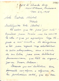 [Carta] 1948 nov. 22, New Orleans, Louisiana, [EE.UU.] [a] Gabriela Mistral, México