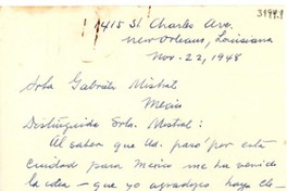 [Carta] 1948 nov. 22, New Orleans, Louisiana, [EE.UU.] [a] Gabriela Mistral, México