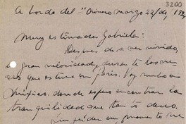 [Carta] 1934 mar. 22, abordo del "Orínoco" [a] Gabriela Mistral