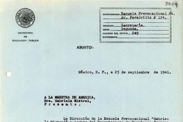 [Carta] 1941 sept. 25, México, D. F., México [a] Gabriela Mistral