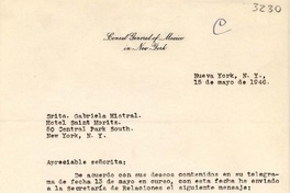 [Carta] 1946 mayo. 15, New York [a] Gabriela Mistral, New York