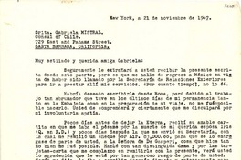 [Carta] 1947 nov. 21, New York, [EE.UU.] [a] Gabriela Mistral, Santa Bárbara, California, [EE.UU.]