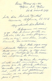 [Carta] 1947 ene. 22, México D.F [a] Gabriela Mistral, Monrovia, California