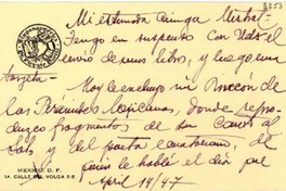 [Tarjeta] 1947 abr. 14, Los Ángeles, California [a] Gabriela Mistral, Monrovia, California