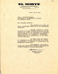 [Carta] 1947 abr. 19, Monterrey [a] Gabriela Mistral, Los Ángeles, California