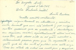 [Carta] 1948 jun. 6, Los Angeles, California, [EE.UU.] [a] Gabriela Mistral