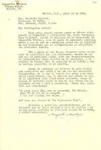 [Carta] 1948 jun. 18, México, D. F., México [a] Gabriela Mistral, Consulado de Chile, Sta. Bárbara, Calif., [EE.UU.]